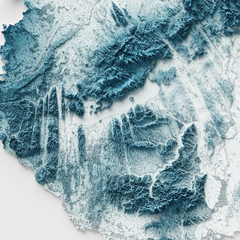 Mapa da Hungria em relevo artístico, mostrando detalhes geográficos em 3D com texturas em azul e branco.