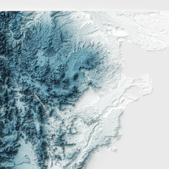 Mapa topográfico da Patagônia, em azul e branco que representam montanhas e terrenos.