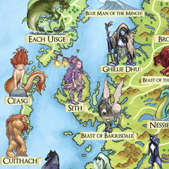 Ilustração de criaturas mitológicas da Escócia em um mapa, incluindo Each Uisge, Ceasg, Ghillie Dhu e Nessie.