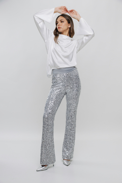 Pantalón oxford suave pailletes plata - Claudia Arias