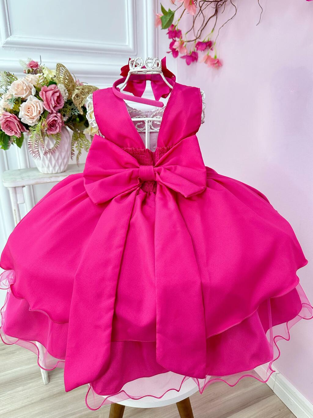 Vestido Infantil Barbie Busto Paetê Pink e Broche de Lacinho