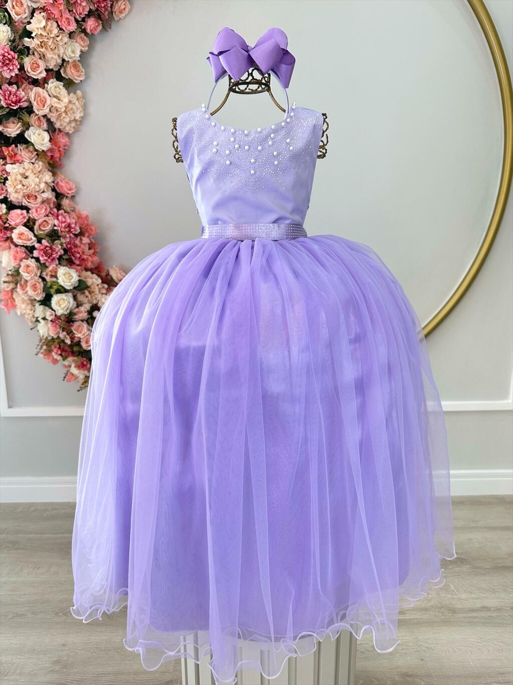 VESTIDO INFANTIL REALEZA LILÁS RENDA PÉROLAS PRINCESA LUXO