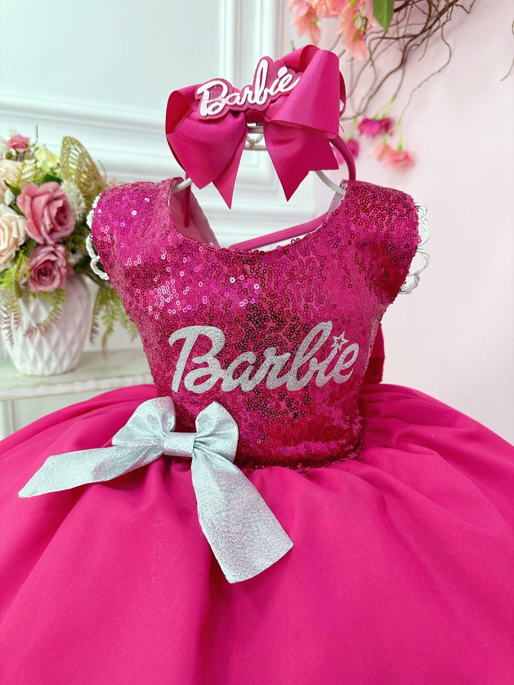 Vestido Infantil Barbie Paetê Pink