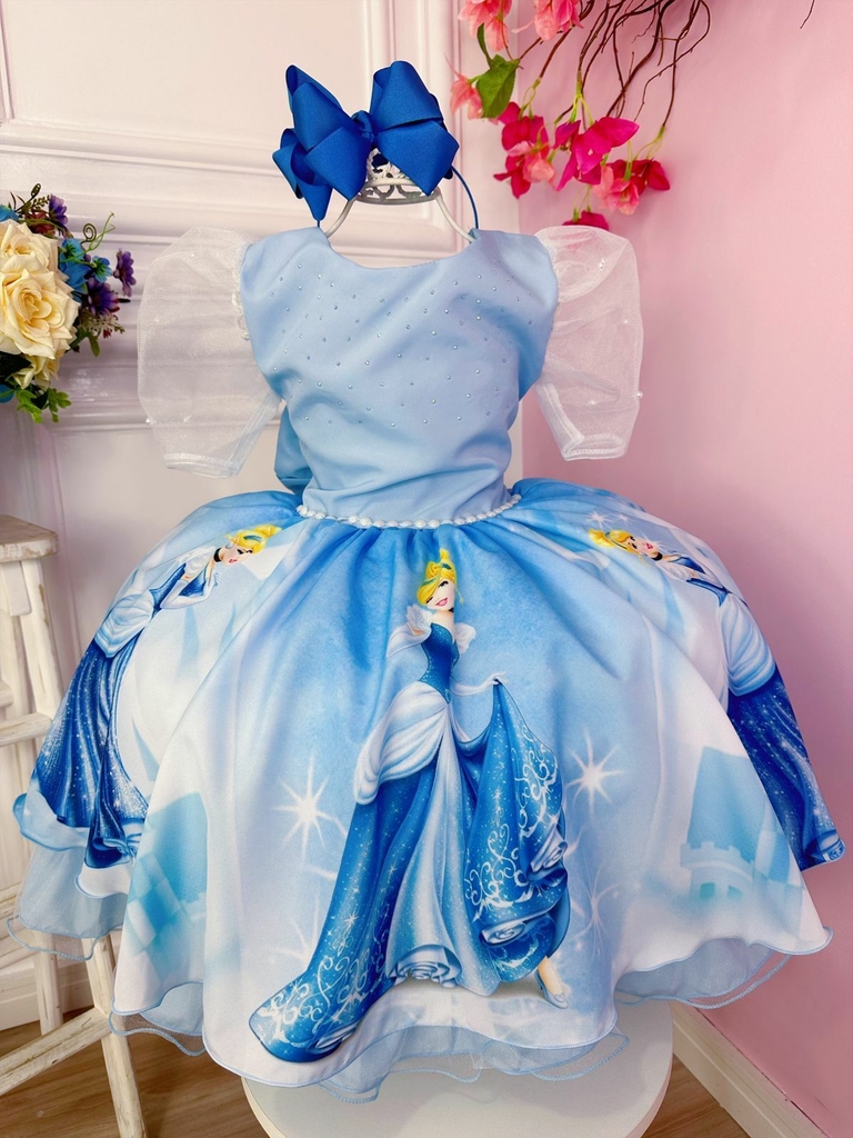 Vestido Infantil de Festa Azul Princesa Cinderela