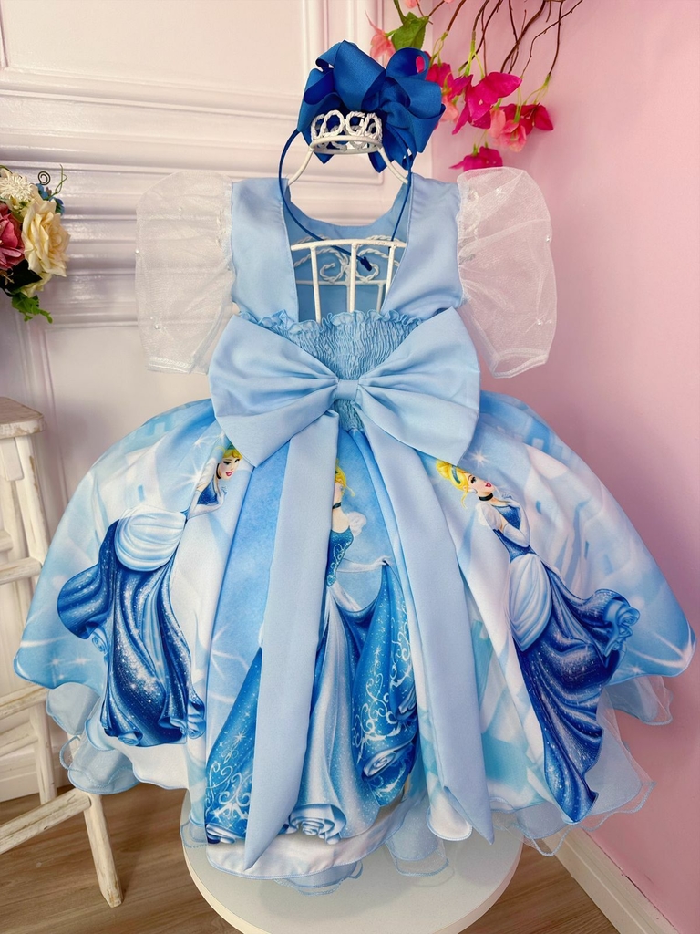 Vestido Infantil Cinderela Renda com Peitoral Bordado Azul de Festa  Aniversário Luxo