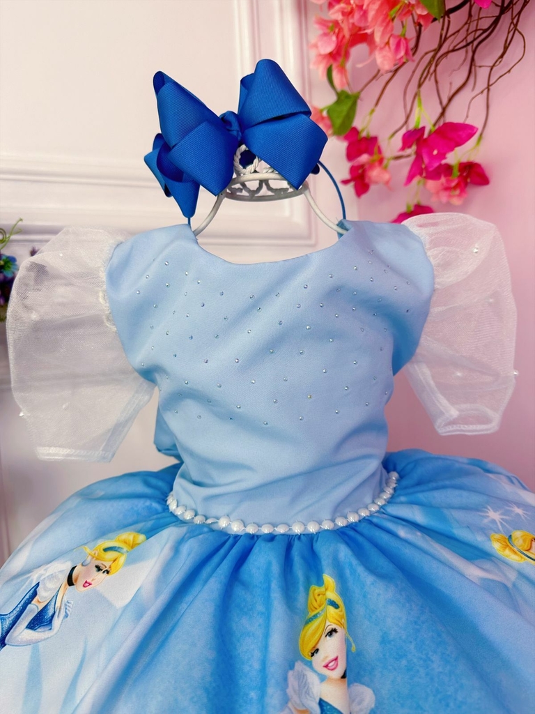 Vestido Infantil Cinderela Renda com Peitoral Bordado Azul de Festa  Aniversário Luxo