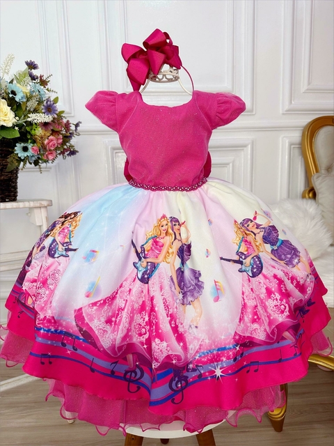 Vestido Infantil Rosa Barbie Peito Strass Glitter Luxo