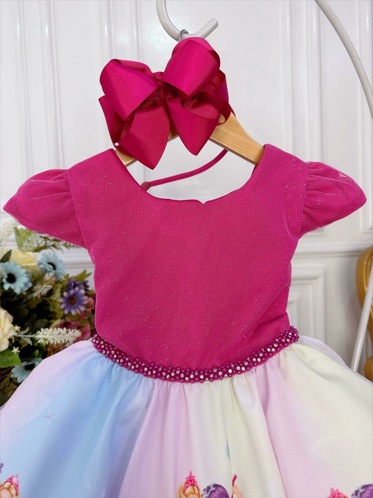 Vestido Infantil Rosa Barbie Peito Strass Glitter Luxo