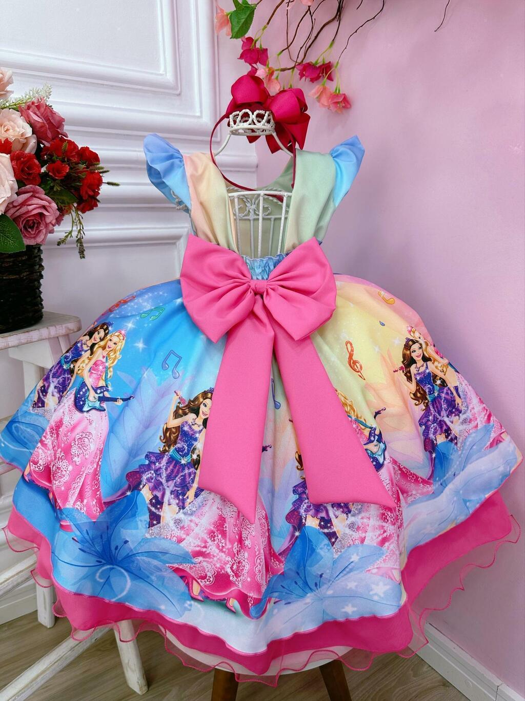 Vestido Infantil Barbie Princesa Rosa Chiclete com Cinto