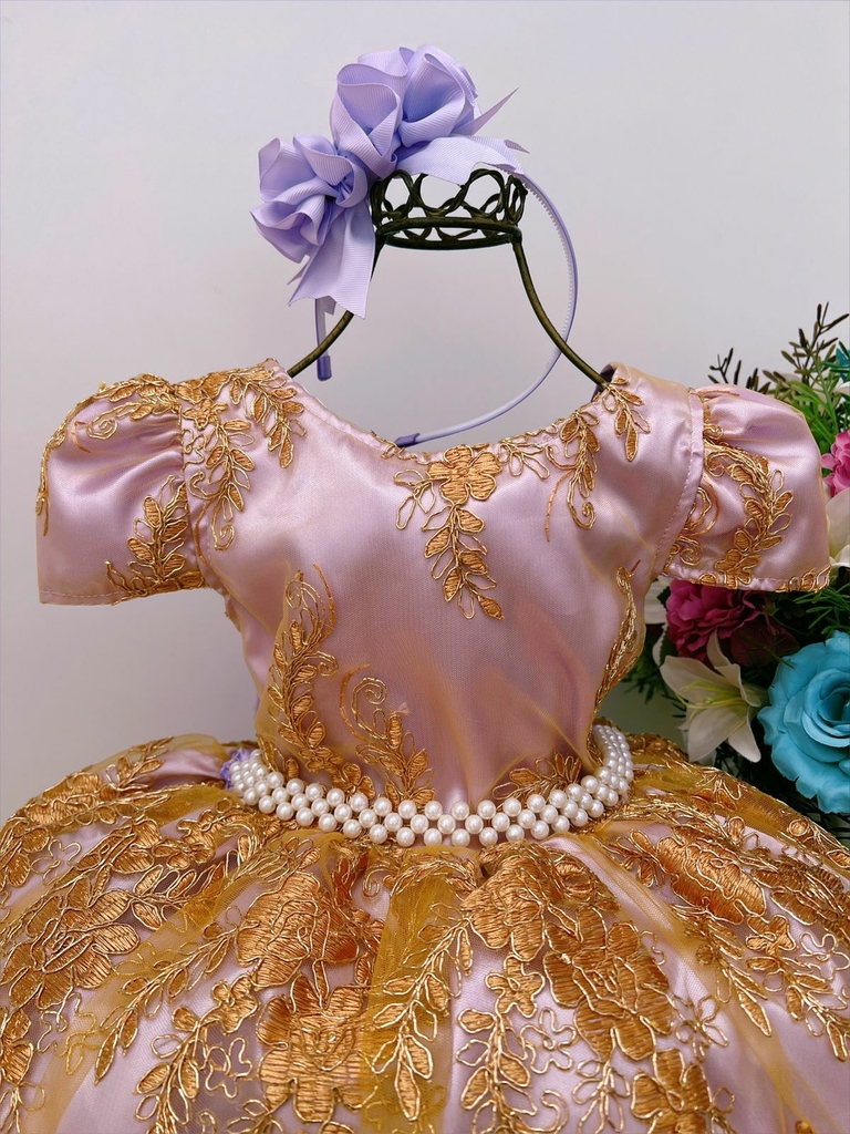 VESTIDO INFANTIL REALEZA LILÁS RENDA PÉROLAS PRINCESA LUXO