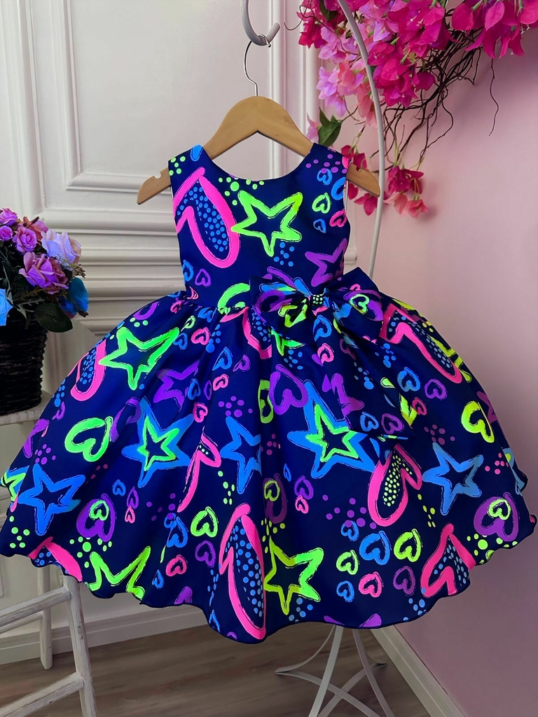 Vestido Infantil Barbie Azul Marinho Neon C/ Broche de Laço