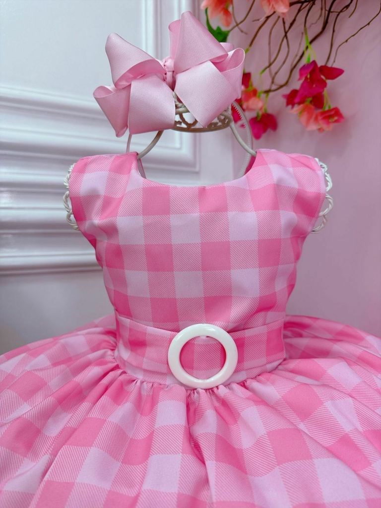 Vestido Infantil Barbie Luxo Rosa Com Cinto de Pérolas - Roupa