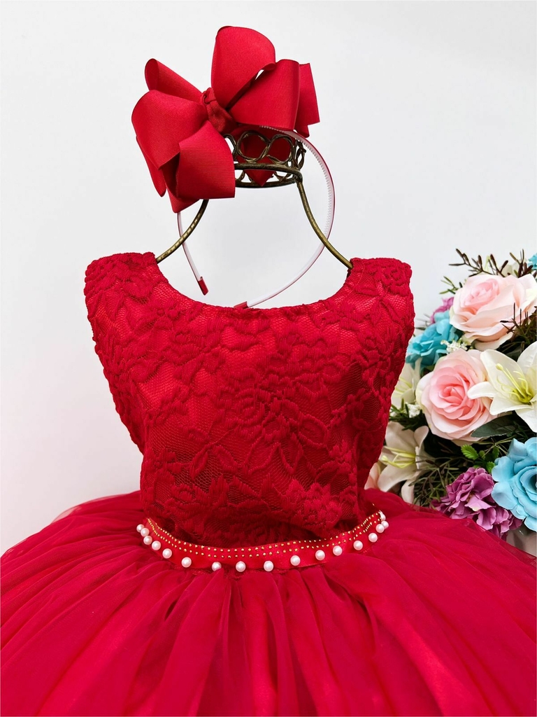 Vestido Infantil Vermelho Renda Princesas Realeza Luxo Festa