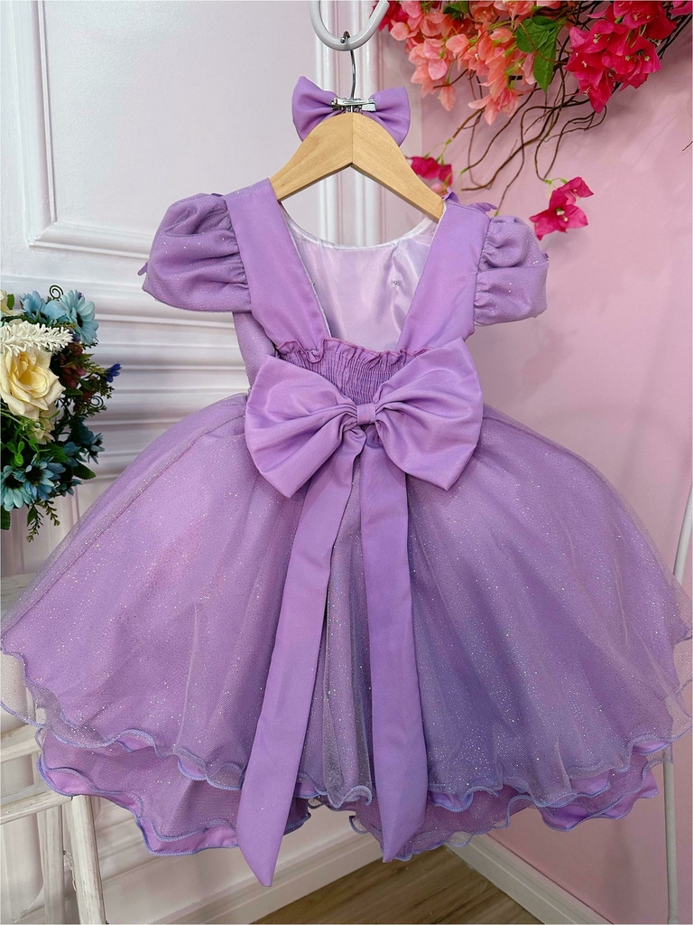 VESTIDO INFANTIL LILÁS C/ CINTO DE PÉROLAS CASAMENTO LUXO