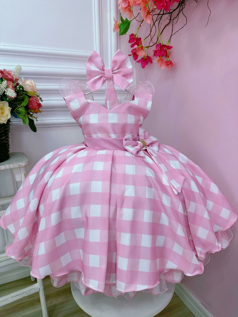 Vestido Tricoline Xadrez Rosa Barbie Core - - Amourele - Moda Infantil
