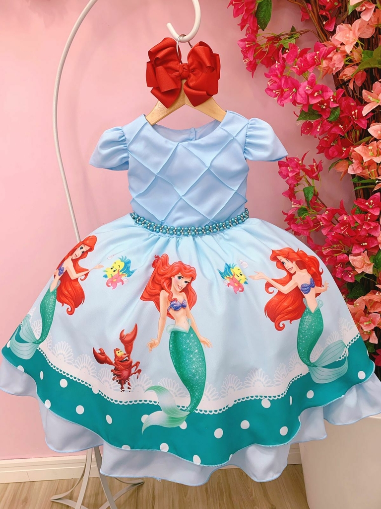 VESTIDO INFANTIL AZUL FLORES LUXO PRINCESA FESTA PÉROLAS