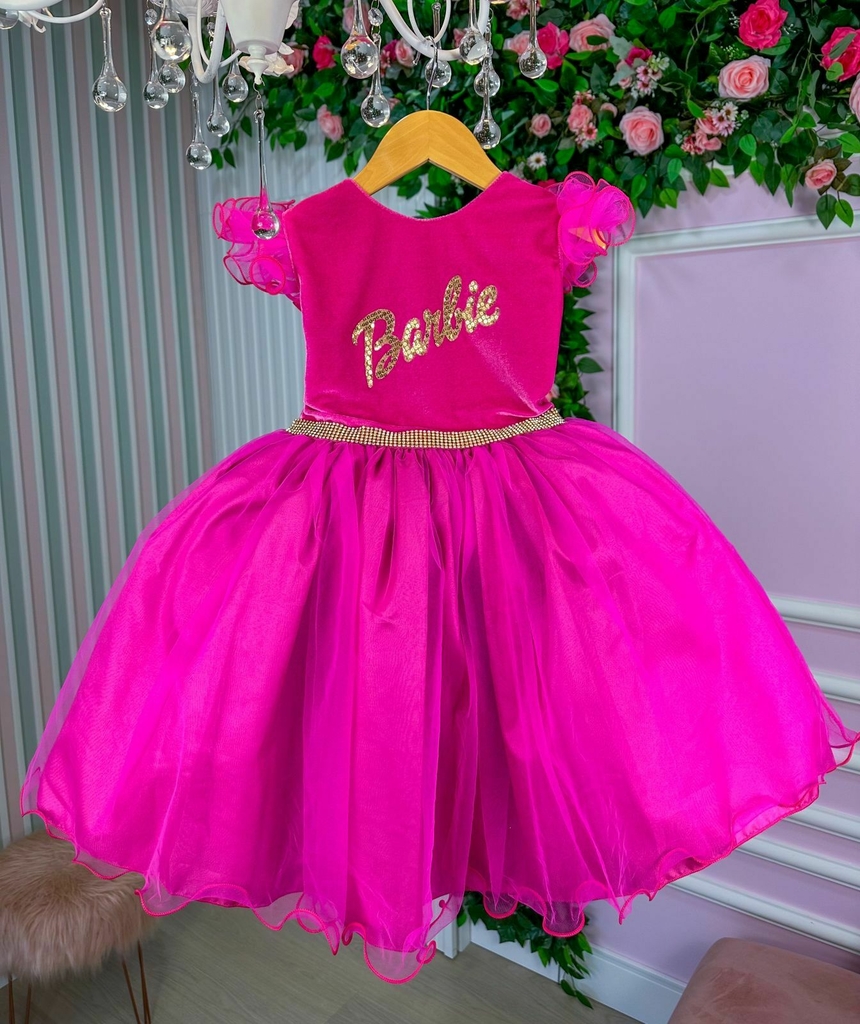 Vestido Princesa Belli Barbie Paete Pink e Dourado - Roupa