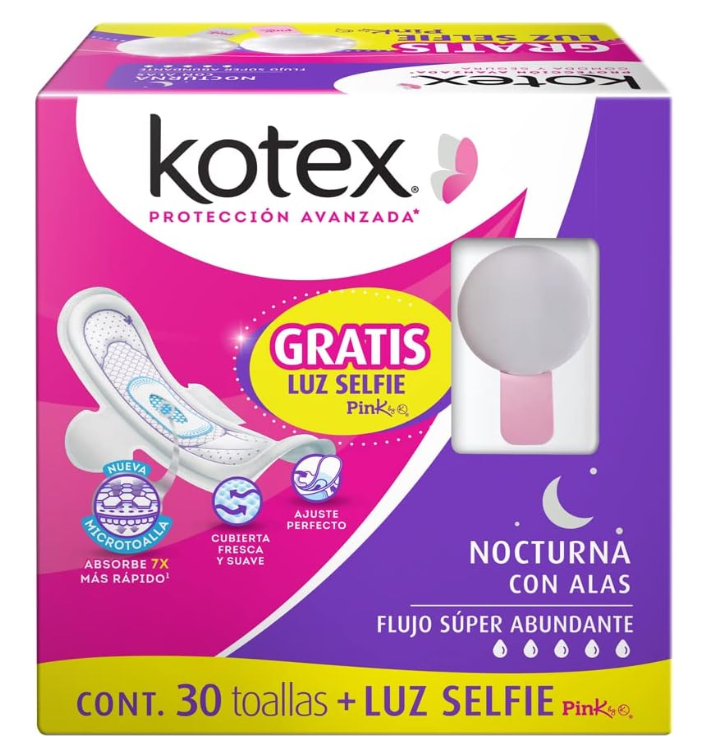 Kotex® Toallas Femeninas Nocturnas Con Alas Paquete de 30 Piezas + Luz de  Selfie de Regalo