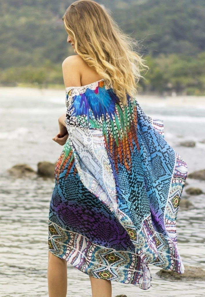 Vestido Kaftan Amplo Cetim Estampado Exclusivo Azul