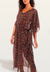 Saída Floral Vestido Kaftan Longo Bata Crepe Preto Vermelho