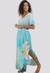 Vestido Kaftan Longo Decote V Fendas Cinto Cordao Viscose Estampa Exclusiva Lotus Azul - Resort Wear