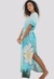 Vestido Kaftan Longo Decote V Fendas Cinto Cordao Viscose Estampa Exclusiva Lotus Azul - loja online