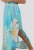 Vestido Kaftan Longo Decote V Fendas Cinto Cordao Viscose Estampa Exclusiva Lotus Azul
