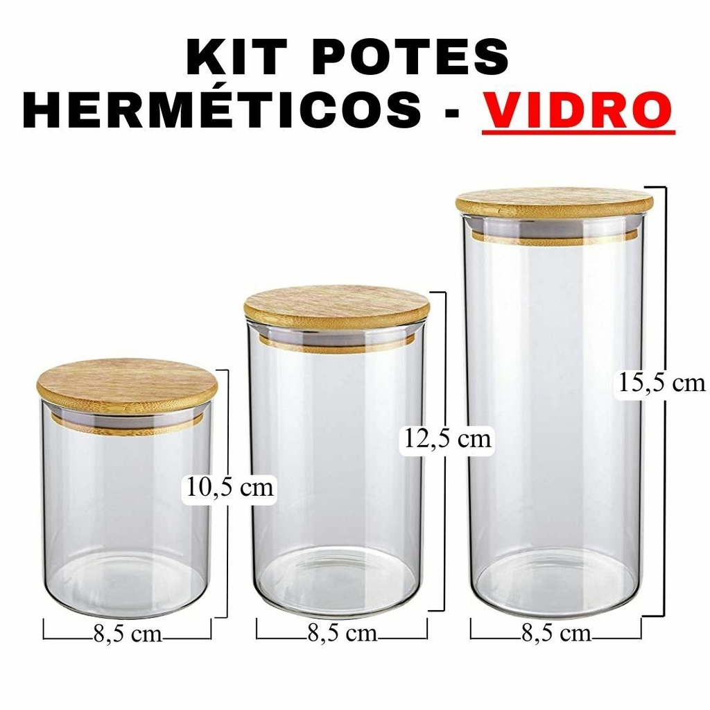 Kit Potes de Vidro Herméticos com Tampa de Bambu - Eco-friendly
