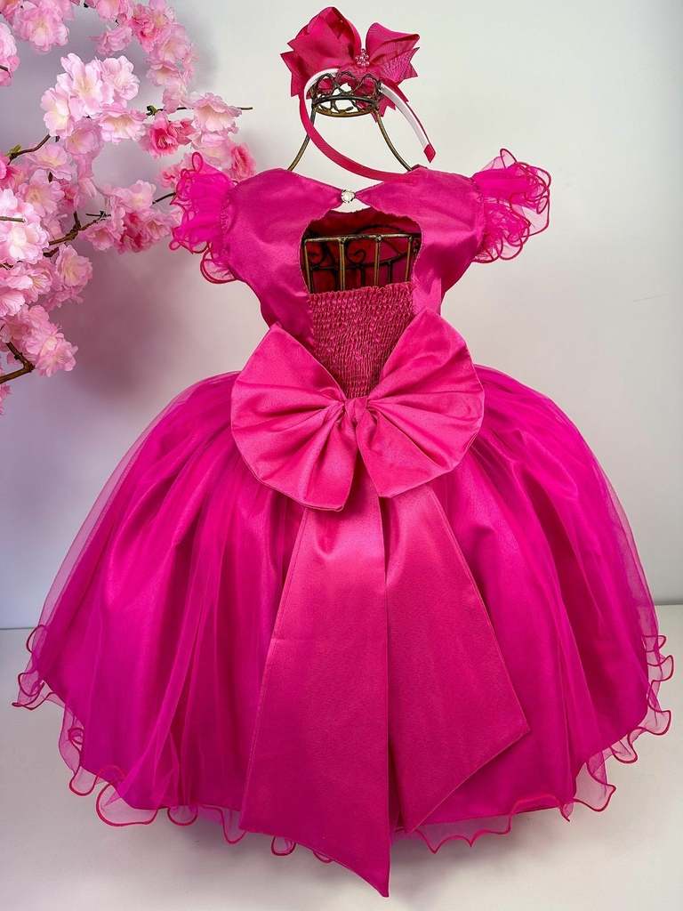 Vestido Barbie Rosa com Glitter e Laço - Fabuloso Ateliê