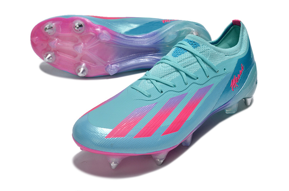 Chuteira Adidas X CRAZYFAST Trava Mista Azul e Rosa Messi.1 Miami Vice