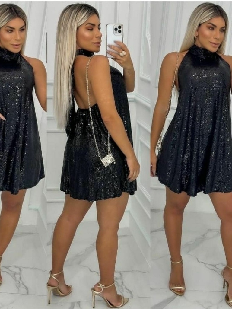 Vestido Preto em micro paetês para formatura decote com recortes nas l