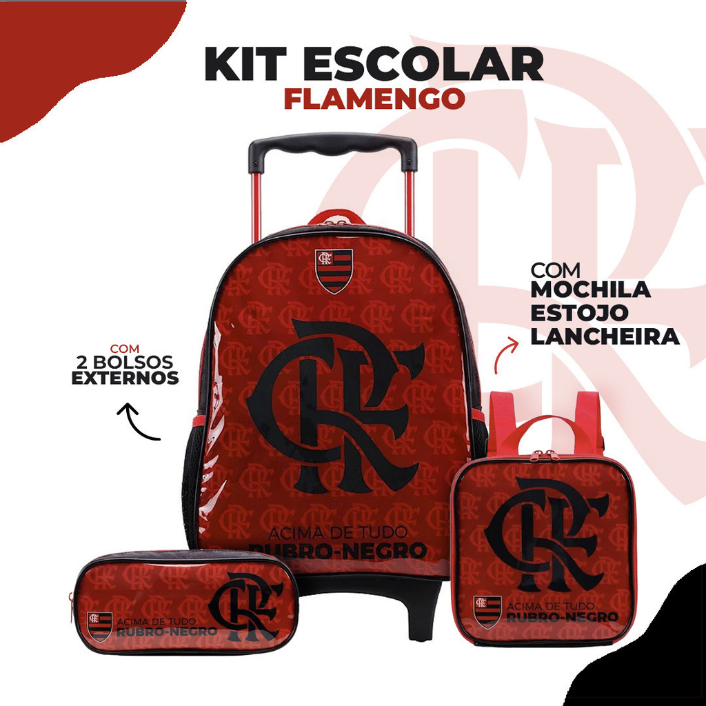 Kit Mochila de Rodinhas + Lancheira + Estojo Flamengo Escolar Infantil