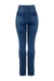 Calça skinny de cintura alta azul médio acetinada com botões de pressão forrados, foto costas still.