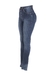 Calça skinny modal azul médio, cintura alta, botões forrados de pressão e memória elástica, foto em still lateral.