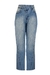 Calça jeans azul médio com cós assimétrico na internet