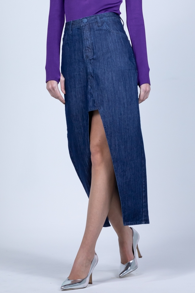 Saia longa jeans amora azul m dio