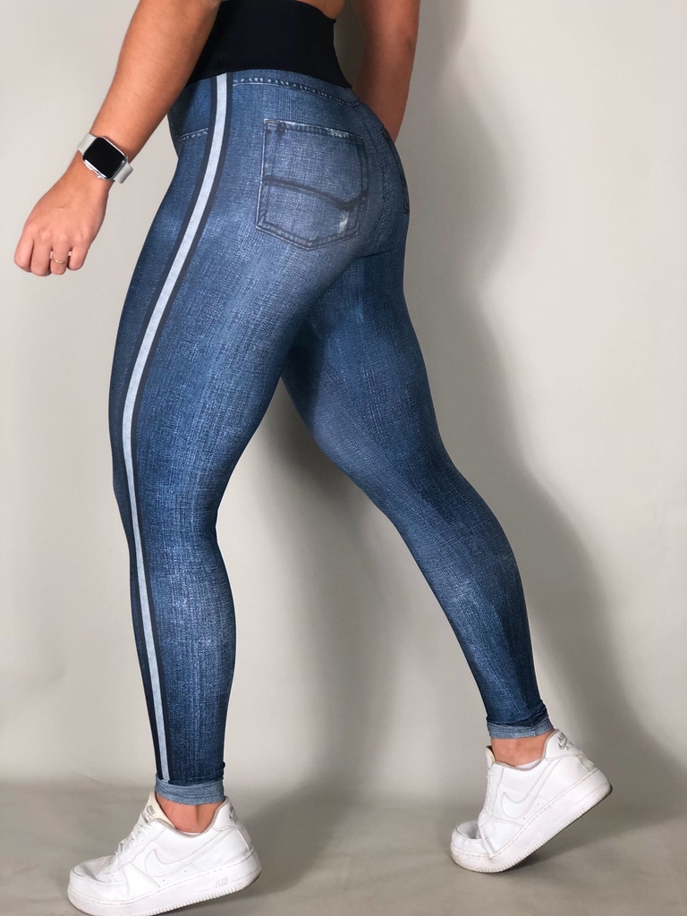 Calça legging fitness fake jeans ciano escuro por R$ 23,90 no