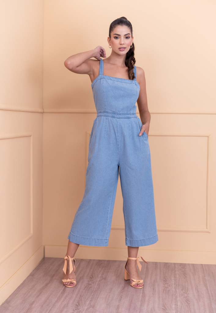 Macacão jeans store feminino pantacourt