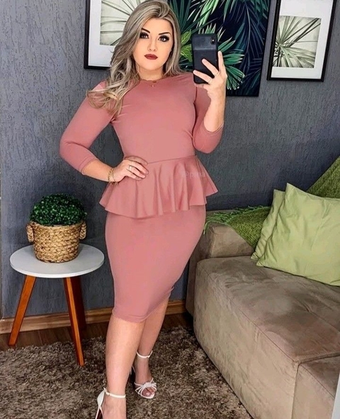 Vestido Midi Plus Size Peplum zíper Moda Feminina Evangélica