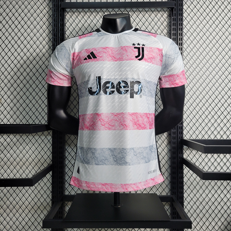 Camisa Juventus Away 23 24 Versao Jogador Adidas Masculino Branco e Rosa