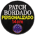 Patch bordado personalizado de 14cm com fundo preto e texto colorido.