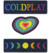 Conjunto de três patches bordados da banda Coldplay, incluindo um patch com o nome "COLDPLAY", um patch em forma de coração colorido e um patch com a fase da lua.