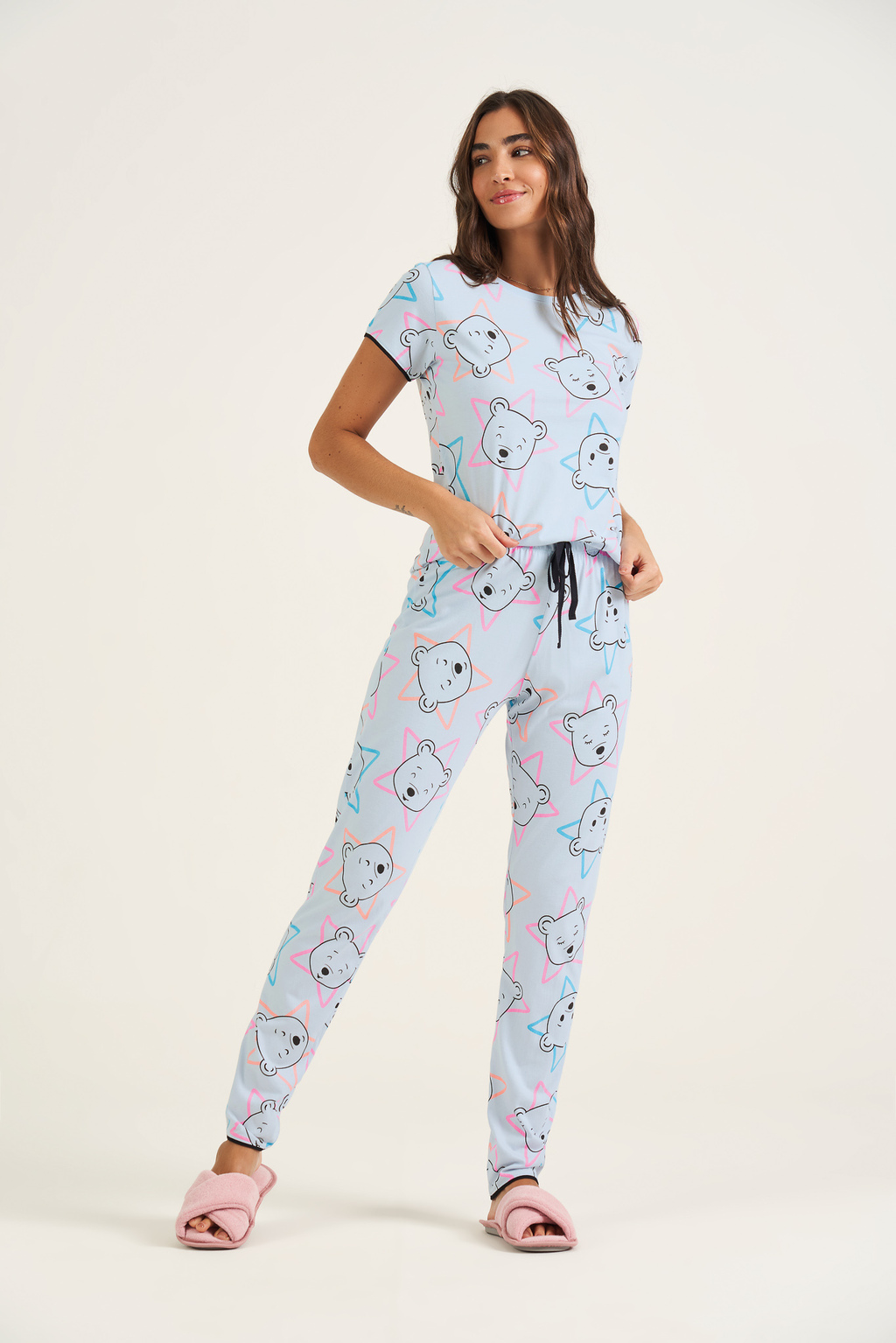 Pijama Feminino Manga Curta Calça Comprida Azul Ursos