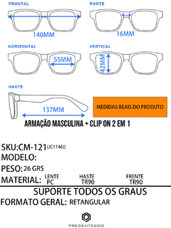 Óculos Armação Masculino + Clip On 2 em 1 CM-121 C6 - PRESENTEGOD