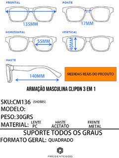 Óculos Armação Masculino + Clip On 3 em 1 CM136 - PRESENTEGOD