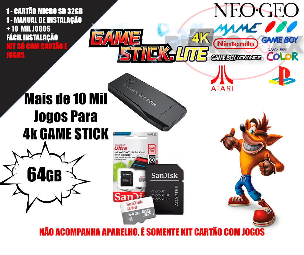 CARTÃO DE MEMÓRIA COM JOGOS RETRO PARA GAME STICK 4K - 10 MIL JOGOS (GAME  STICK 4K)