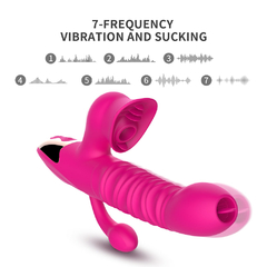 01416 | Vibrador com 7 modos de vibração, estimulador clitoriano com 7 modos de pulsação com cerdas massageadoras, 7 intensidades de movimentos vai e vem com texturização no corpo do vibrador, 7 modos de intensidade na glande com movimentos de língua - DIBE