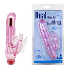 01801 | Aphrodisia Butterfly - Vibrador Cristal Duplo com Multivelocidade e Estimulador Clitoriano - Rosa