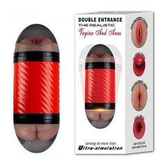 04069 | Masturbador Duplo que Simula Sexo Vaginal e Anal com Texturas Interna - Double Entrance - 15,4 x 6,9 cm - Vermelho