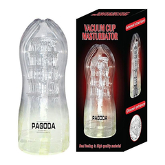 01517 | Masturbador Masculino Escalonado com Nódulos Massageadores Internos em Cyberskin Transparente - Vacuum Cup Masturbadtor Pagoda - 13,5 x 4,2 cm